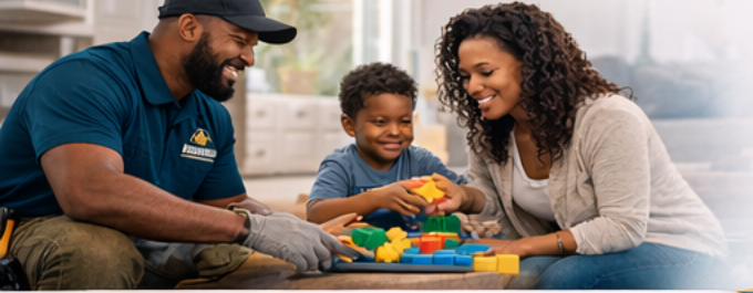African American family working with handyman
